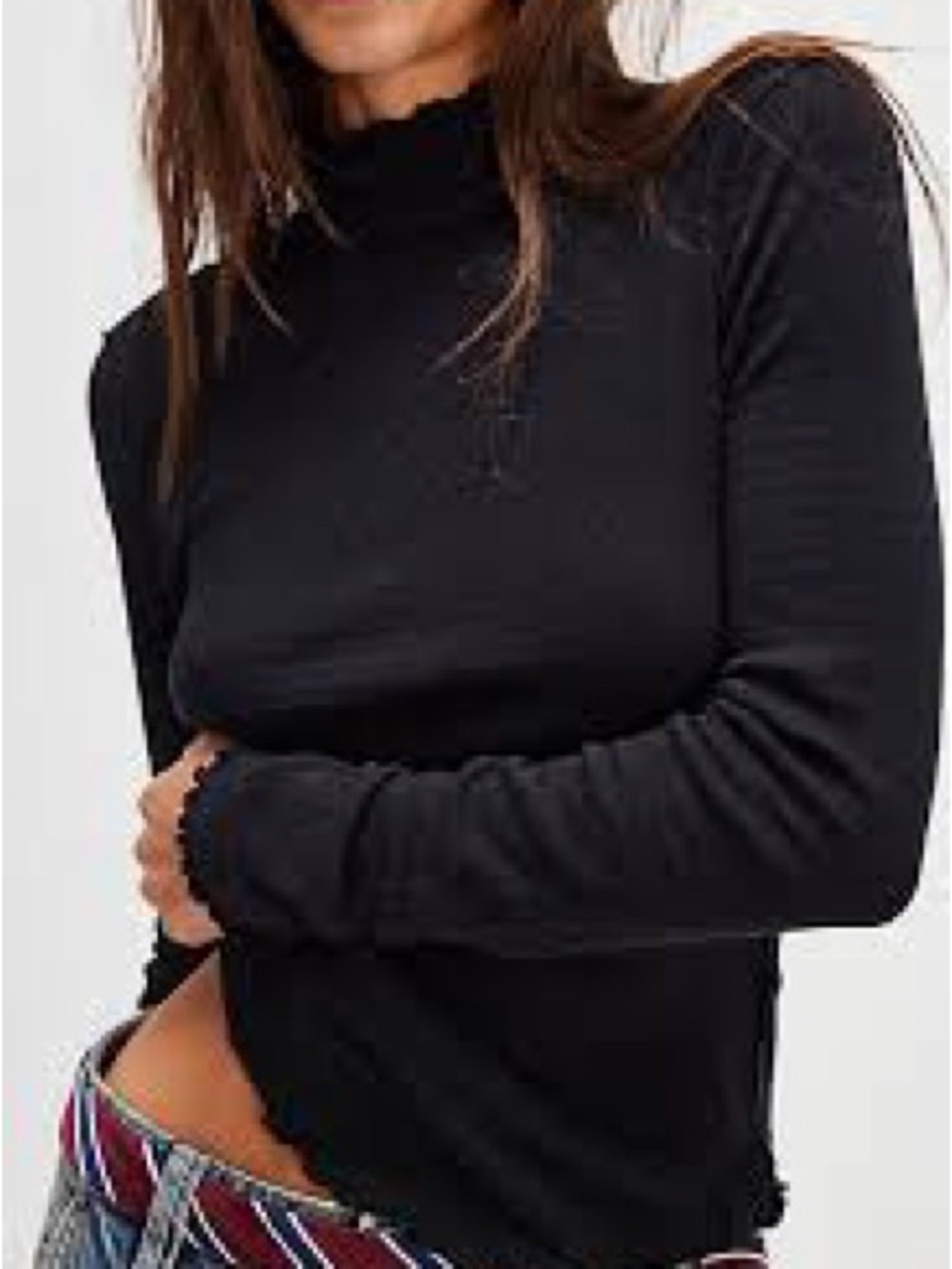 Free People Sara Pontielle Dark Blue Ribbed Mock-Neck Long Sleeve Top